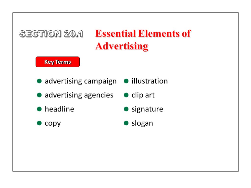 SECTION 20.1 Key Terms advertising campaign advertising agencies headline copy illustration clip art signature